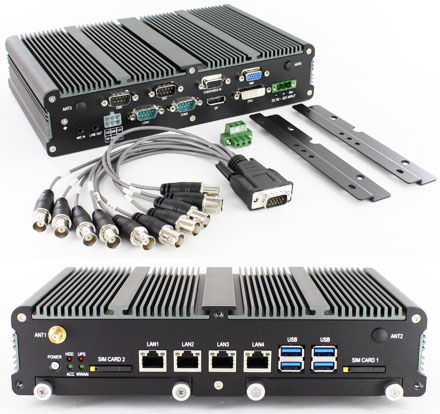 FleetPC-8-VID Mobile DVR Car-PC (Intel Core i3-3217UE 2x1.6Ghz, 2GB RAM, Autostart-Controller, 9-36V Automotive PSU, GPS, CAN-BUS, 4x LAN, 4x Channel Video) [<b>FANLESS</b>]